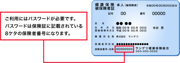 ご利用にはパスワードが必要です。パスワードは保険証に記載されている8ケタの保険者番号になります。